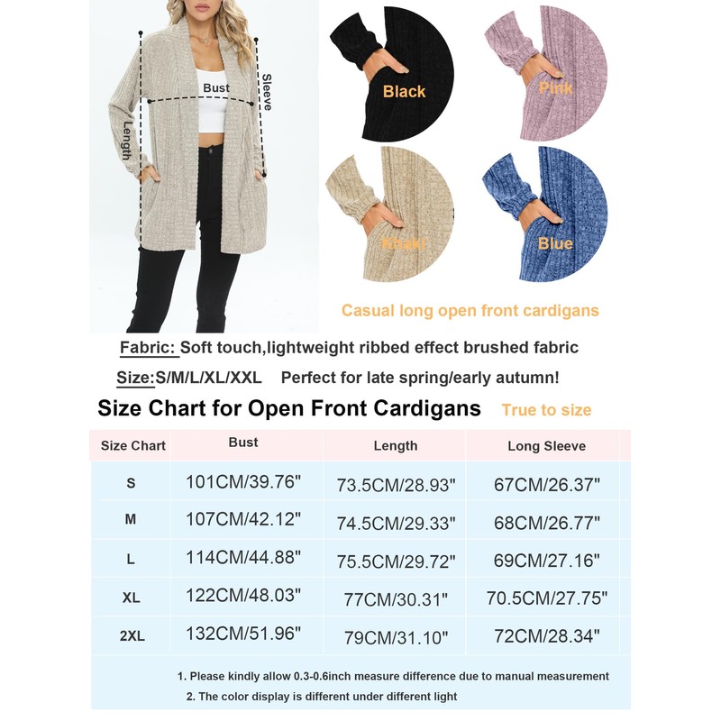 iChunhua Lightweight Soft Long Length Open Front Black Cardigans for
