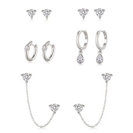 FANZE 5PCS Sliver Stud Earrings for Women Cubic Zircon Chain Hoop Earring Sets for Multiple Piercing Hypoallergenic Dainty Jewelry Gift