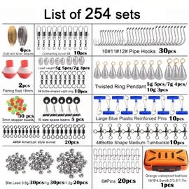 DOAGEAS Surf Fishing Tackle Kit Saltwater Fishing Tackle Kit 254pcs Fish Finder Rigs Pompano Rig Pyramid Sinker Weight Fishing Hooks Swivels Snaps Floats Beads Various Accessories