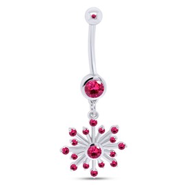AFFY Round Shape Simulated Ruby Snowflake Belly Button Navel Ring in 14K White Gold Over Sterling Silver