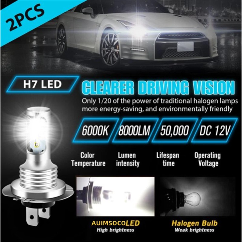 AUIMSOCO 2x H7 LED Headlight Super Bright Bulbs Kit 8000K