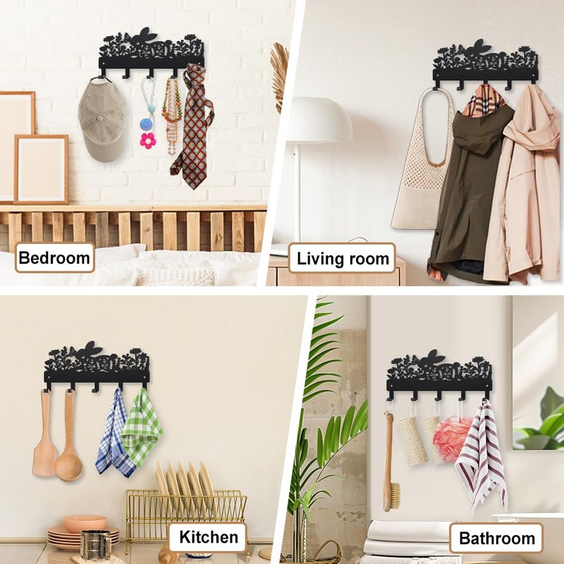 MAYJOYDIY Rabbit Motif Metal Key Hook Blooming Butterfly Coat Rack