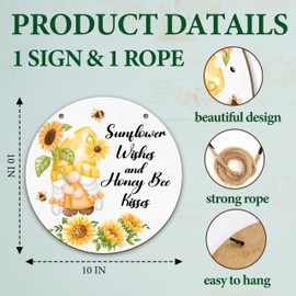 Summer Sunflower Sign For Front Door, Sunflowers Gnomes Hanging Sign For Wall Farmhouse Porch Graden, Sunflowers Bee Door Decorations Hanging Outdoor, Honey Bee Doors Hanger For Home Living Room -06