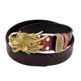 Cool Solid Brass Dragon Buckle Genuine Leather Belt Black Coffee Rock Biker Men Waist Strap Belt (Coffee,110cm)