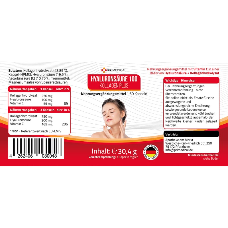 Hyaluronic Acid Capsules with Collagen and Vitamin C, 100 mg