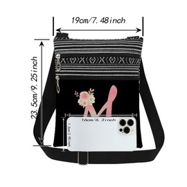 XiaoGalaee Pink Art Letter M Crossbody Bag Gilded Floral Print with M Letter Messenger Bag Daily Use Adjustable Strap Crossbody Purse Birthday Gift Valentine Present​​ for Adult Bridesmaid Gift