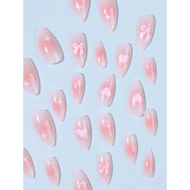 Pink Almond Press On Nails, 24 Pieces, Kawaii Bows Stars and Hearts Design, Stick On Fake Nails Kit