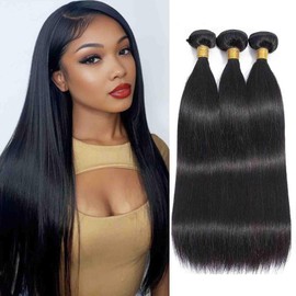 KODRHAR 12A Straight Bundles Real Hair Unprocessed Brazilian Braided Bundle Extension 20 22 24 Suitable for Women's Hair Natural Black Color