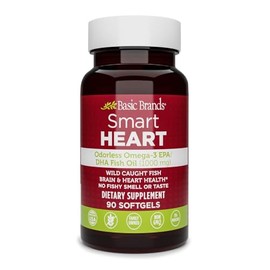 Basic Brands Aceite de pescado Omega-3 sin olor Smart Heart, sin eructos ni olor a pescado, 1000 mg, 90 unidades                                      