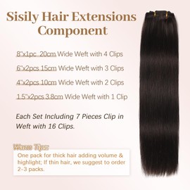 Sisily Clip in Hair Extensions Real Human Hair, Premium Human Hair Clip in Extensions Dark Brown, Soft Straight Hair Extensions Real Human Hair Clip ins 7PCS Double Weft（16 Inch #2）