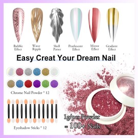 LEDSUUEI Chrome Nail Powder - Super Mirror Effect Metallic Holographic Aurora Iridescent Pearlescent Rose Gold White Pearl Chrome Nail Powder for Nails Salon DIY