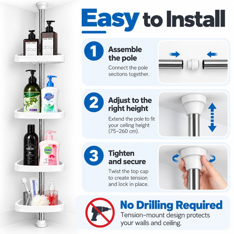 4-Tier Corner Shower Organizer for Bathroom Storage – Adjustable Tension
