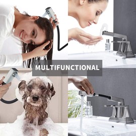 KAIYING Brushed Nickel Bathroom Pull Out Faucet 3 Holes, 2 Handle Centerset Bathroom Sink Faucet, 4 Inch Lavatory Faucet, Modern Vanity Faucet, Mixer Tap for Hot and Cold Water