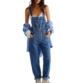 Owl's-Yard Women Denim Long Jumpsuit Casual Bib Wide Leg Adjustable Strap Romper Pants 90s Retro Revolt Dungaree Overalls (A-Blue, L)