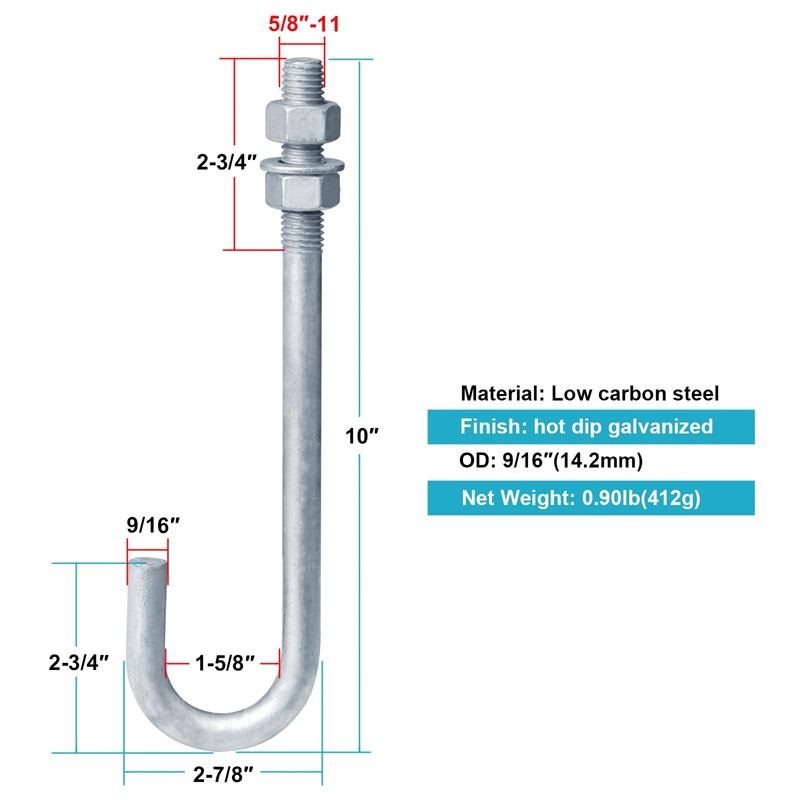 OTTFF 4 Pack 5/8"-11 x 9-7/8" J Bolt Anchor for