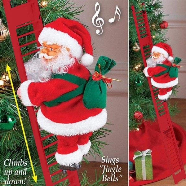 Baulody Santa Claus subiendo Escalera eléctrica con Luces, Juguete de muñeco de Santa Claus, Adornos creativos de Navidad, decoración de árbol de Navidad, Pared del hogar (Escalera Larga de 65 cm)