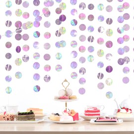 KATIMI 4 Pieces Glitter Circle Iridescent Party Decorations, 4m Holographic Laser Paper Garland Hanging Decorations, Rainbow Garland Hanging Streamers Banner for Birthday, Wedding & Bar Deco