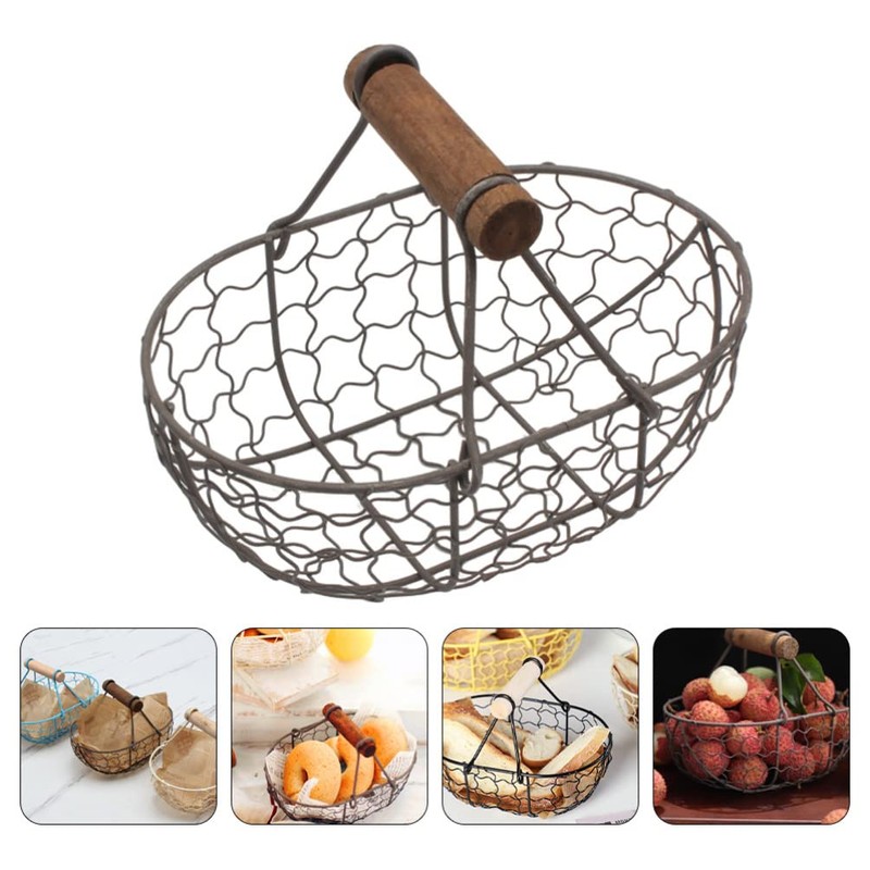 Angoily Wire Egg Basket with Wooden Handle Egg Collection Basket