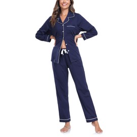 COLORFULLEAF Women's 100% Cotton Long Sleeve Pajama Sets Button Down Notched Collar Sleepwear Soft Lounge Pjs with Pockets (Navy Blue,L)
