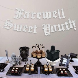 Farewell Sweet Youth Silver Banner Gothic Farewell Sweet Youth Decorations Glitter Funeral Birthday Banner for Women 20th 30th 40th Birthdays Party Death to My Youths Funny Birthday Decor Supplies