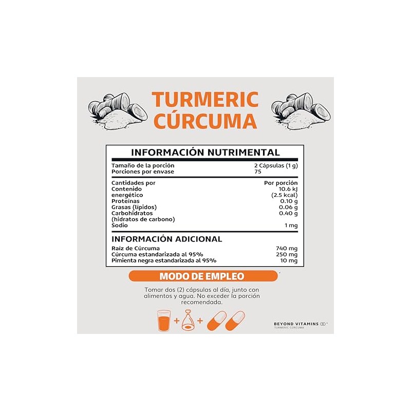 Turmeric Cúrcuma con Extracto de Raíz de Cúrcuma Estandarizada al