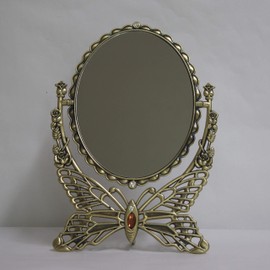 SEHAMANO - Espejo de mesa de maquillaje con marco de metal con patrón de mariposas antiguas, espejo decorativo ovalado, espejo de doble cara giratorio para tocador (latón (oro mate), grande)