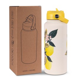 Goetland Flowers Water Bottle Beverage Bottle with Straw Lid 32 oz Stainless Steel Wide Mouth Vacuum Insulated Cute UV Printing Leak Proof For Women Girls Kids Lemon