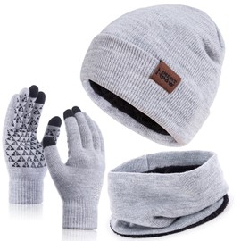 Gorro de invierno de 1 a 3 piezas con bufanda para hombres y mujeres, tela de forro polar, cálido, guantes para visualización táctil, gorro, bufanda, Gloves&beanie&scarf Light Gray White, Talla única