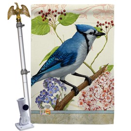 Ornament Collection HS191052-BO-02 Blue Jay Floral Garden Friends Birds Decorative Vertical, House Flag Set 28"x 40" w/Flagpole, Multi-Color