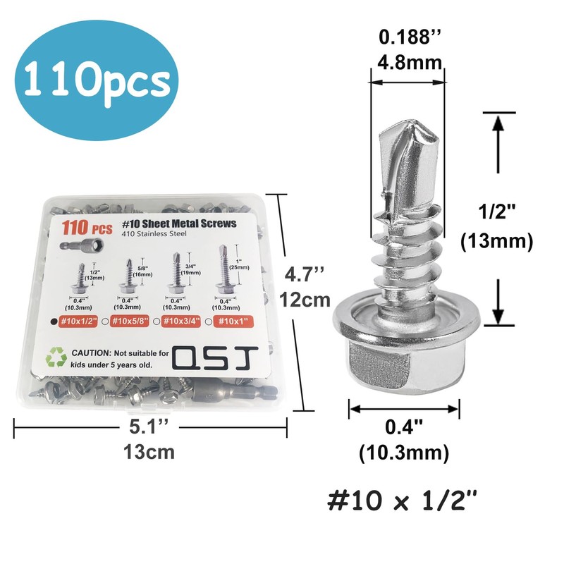 QSJ 110PCS #10 x 1/2'' Sheet Metal Screws 410 Stainless