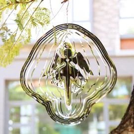PESTEZE USA Premium Large Angel Stainless Steel Wind Spinner 11x15’’ Reflective Outdoor Hanging Garden Decoration for Yard, Porch & Patio, 3D Metal Ornament Spins Beautifully to Repel Bird & Add Charm