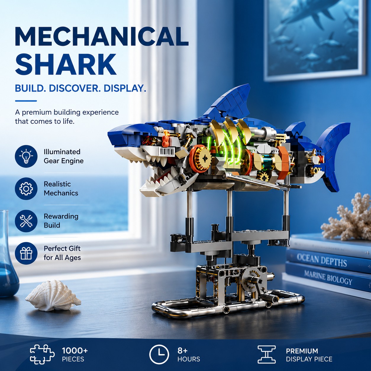 Mechanical Shark Building Set for Creative Play – 687-Piece Light-Up Moving Model with Gear-Driven Display Base