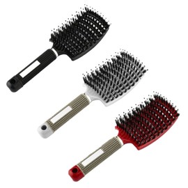 DUGEGAYL Pack of 3 Ventilated Detangling Hair Brush, Boar Bristles, Boar Bristles, Curved Hair Brush with Comb for Long, Curly Hair, Styling Hair Brush Set (Black, White, Red)