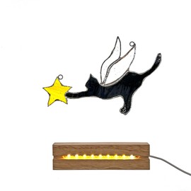 Angels Black Cat Suncatcher Lamp - Cat Memorial Gifts for Loss of Cat Sympathy Gift Stained Glass Window Hanging Pet Memorial Cat Gifts (Black)