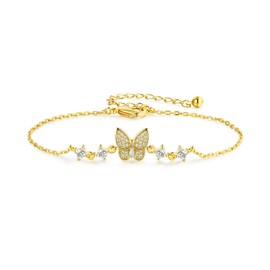Cubic Zirconia Butterfly Bracelets for Women and Men | Gold Dainty Simple Hypoallergenic Adjustable Bracelet, 7 inches + 2 inches adjustment range, Cubic Zirconia Copper Brass, Cubic Zirconia