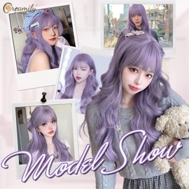 Creamily Long Purple Wig with Bangs, Long Wavy Curly Wig with Bangs for Women Purple Wigs Heat Resistant Natural Synthetic Hair Wigs for Daily Party Cosplay 24 Inches
