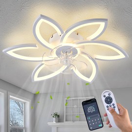 Dalouguan Ceiling Fan with Lights Remote Control, White Flower Ceiling Fan with Light, 3 Light Color Modern Low Profile Flush Mount Ceiling Fan for Kitchen Bedroom Living Room