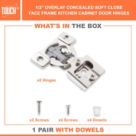 TOUCH Cabinet Hinges, Soft Close Cabinet Hinges (1 Pair, 2 PCS) 1/2" Inch Overlay, Face Frame Cupboard Door, Compact Concealed Hinges for Kitchen Cabinet 3D Adjustable with Dowels