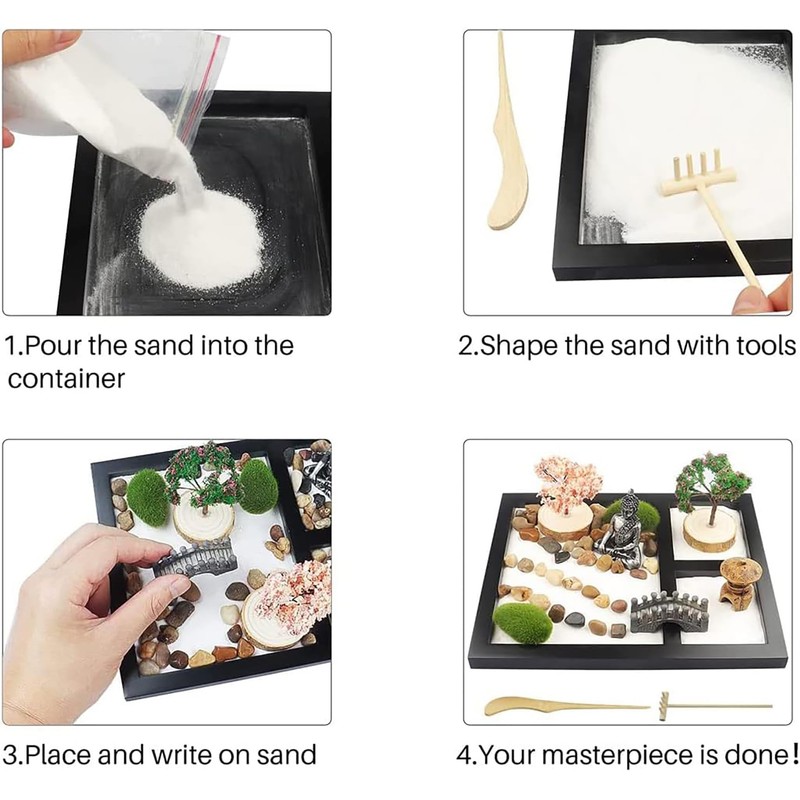 DinQ Meditation Japanese Zen Garden, Sand Garden Tools Accessories Box