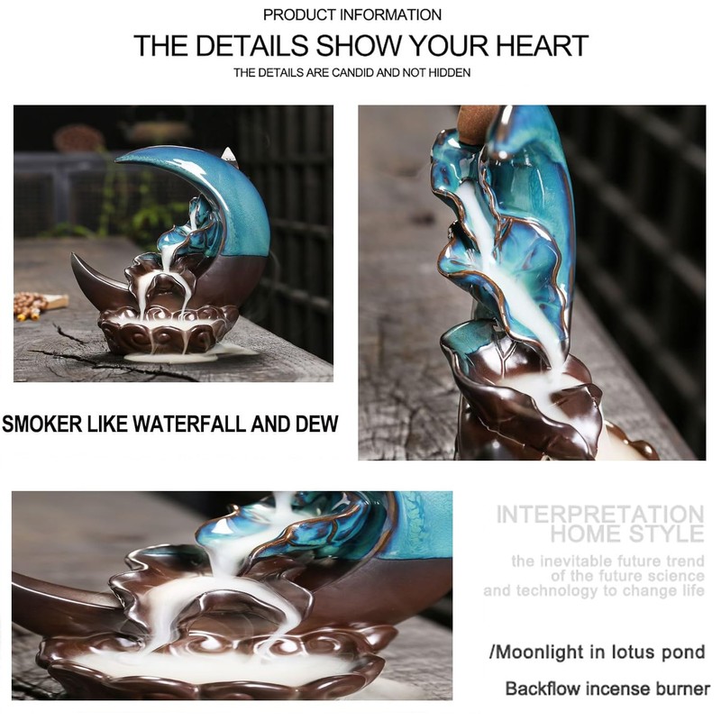 Textiluxe Moon Backflow Incense Burner, Waterfall Incense Burner, with 100