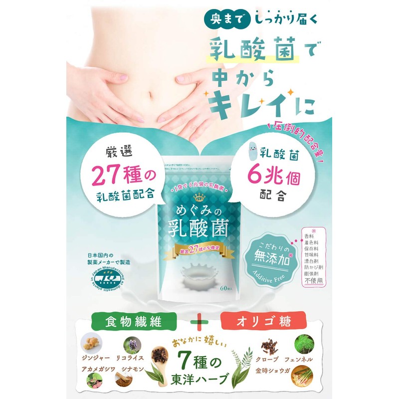 めぐみの乳酸菌 乳酸菌 ビフィズス菌 ６兆個27種の乳酸菌 60粒 30日分 サプリメント オリゴ糖 食物繊維 タブレット