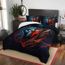 AILONEN Wolf Head Printed Comforter Set Twin Size,Evening Lightning Wolf Bedding Set for Boys Men,Wild Animals Wolf Print Bed in a Bag Duvet Set 3 Pieces,1 Quilt and 2 Pillowcases
