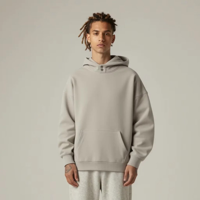 High End Double Button Hood Drop Shoulder Cotton Blend Hooded