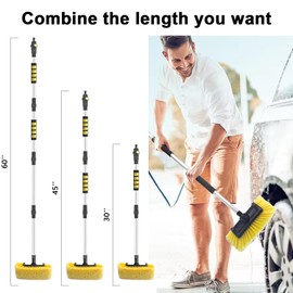 Dszemie 60”/152cm Car Wash Brush Aluminium Extendable Water Fed Window Cleaning Pole Brush Caravan Soft Washing Kit for Boat Truck SUV Solar Panel Sweep Snow Outside Inside (Yellow)