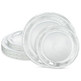 LIKAJON 50 Pcs Silver Paper Plates, 25 Pcs 9 Inch and 25 Pcs 7 Inch Disposable Dessert Plates for Valentines,Tea Party, Baby Shower, Birthday, Wedding, Graduation, Picnic, BBQ, Party