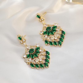 18K Gold Crystal Long Tassel Chandelier Earrings for Women, Cubic Zircon Green Crystal Drop Dangle Earrings, Vintage Style Drop Dangle Statement Earrings