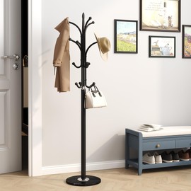HOMEFORT Metal Coat Rack Stand,Free Standing Hat Hanger with Marble Base,Hall Tree with 12 Hooks for Hanging Hat,Clothes,Bag,Entryway Storage Organizer,Black