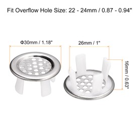uxcell Sink Trim Overflow Cover, 2Pcs Sink Overflow Rings Metal Bathroom Kitchen Basin Hole Insert in Round Caps, Silver