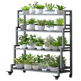 YIZAJIA Plant Stand Indoor 4 Tier Metal Outdoor Tiered Stands Shelf With wheel for Multiple Plants Potted Ladder Plant Holder Table Plant Pot Stand for Window Garden Balcony Living Room (4 Tier-Black)