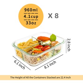 Bayco 8 Pack Glass Meal Prep Containers 3 Compartment, Glass Food Storage Containers with Lids, Airtight Lunch Bento Boxes, Leak Proof (8 lids & 8 Container) - Grey